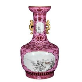 Chinese Qing Dynasty Rouge Red Glaze Mocai Mountain River Scene Design Porcelain Vase