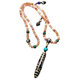 Tibetan 9 Eye DZI Agate Lucky Pendant w Hand Woven Necklace