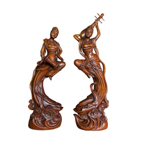A Pair Vintage Chinese Boxwood Wood Carved Feitian Female Deity Statue