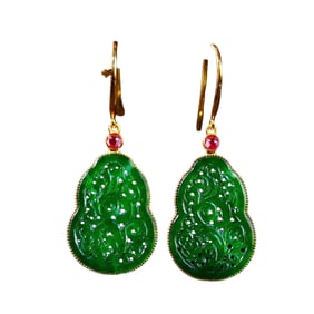 A Pair Exquisite 18K Gold Inlay Green Jadeite Earrings