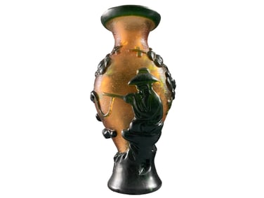 Vintage Chinese Green Peking Glass Low Relief Fisherman Vase