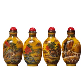 A Set Four Chinese Peking Glass Famille Rose Mountain River Scene Design Snuff Bottle w Stopper