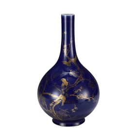 Chinese Gilt Gold Blue Glaze Plum Flower & Magpie Design Porcelain Vase