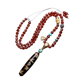 Hand Woven Tibetan 3 Eye DZI Agate Lucky Pendant w Agate Beads Necklace