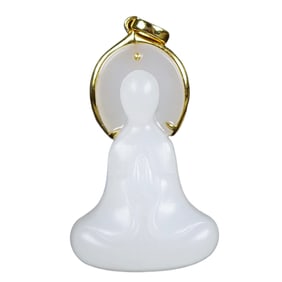 Superb Chinese 18K Gold Inlay Hetian Jade Carved Buddha Pendant