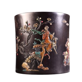 Vintage Chinese Zitan Wood Inlay Shoushan Stone & Shell Figure Design Brush Pot