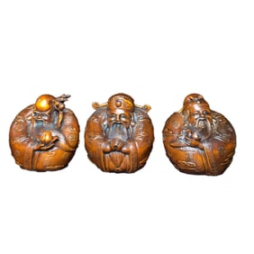 A Set Vintage Chinese Boxwood Wood Carved Taoism Deity Fukurokuju Statue