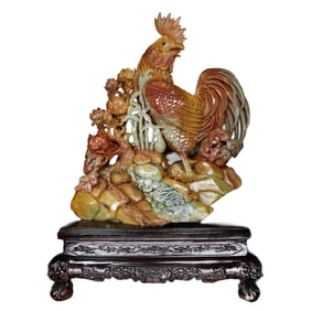 Superb Old Chinese Shoushan Stone Carved Rooster Statue