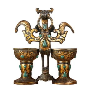 Vintage Chinese Gilt Gold Bronze Inlay Turquoise Phoenix Oil Lamp