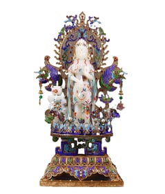 Exquisite Chinese White Hetian Jade Kwan-yin Statue w Gold Wires Enamel Base