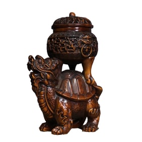 Vintage Chinese Boxwood Wood Carved Dragon Turtle Incense Burner