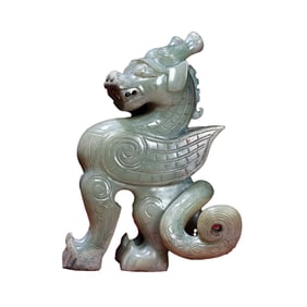 Superb Old Chinese Hetian Jade Carved Fortune Dragon Statue