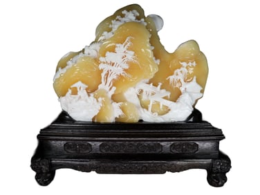Superb Chinese Jintian Huang Carved Mountain River Scene Statue