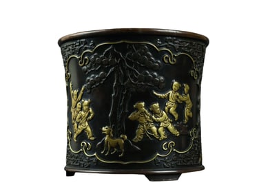 Vintage Chinese Gilt Gold Copper Pine Tree & Kids Brush Pot