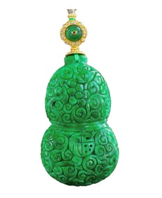 Exquisite Jadeite Carved Gourd Pendant w Hand Carved Chenxiang Wood & Jadeite Beads Necklace