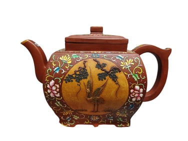 Antique Chinese Famille Rose Yixing Zisha Pine Tree & Crane Design Teapot