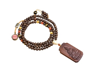 Old Chinese Chenxiang Wood Low Relief Kwan-yin Pendant w Beads Necklace
