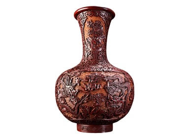 Chinese Red Lacquerware Low Relief Fortune Dragon Design Vase