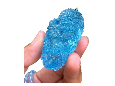 Superb Aquamarine Carved Fortune Dragon Pendant w Hand Woven Beads Necklace