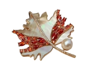 Beautiful Silver Plated Gilt Gold Inlay Pearl Leaf Brooch
