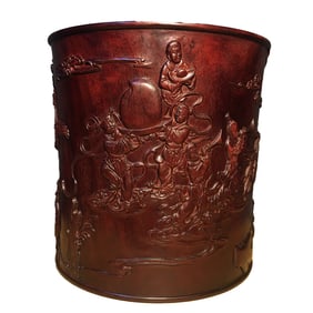Chinese Huanghuali Wood Low Relief Figure Design Brush Pot
