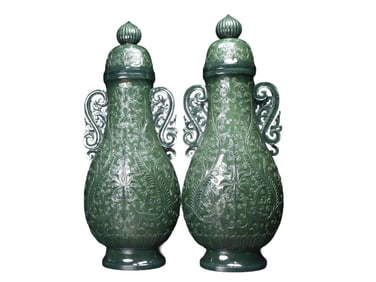A Pair Superb Chinese Green Hetian Jade Double Ear Vase w Lid