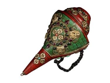 Tibetan Buddhism Gilt Gold Copper Inlay Turquoise & DZI Agate & Gems Conch Statue