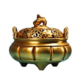 Vintage Chinese Gilt Gold Copper Double Ear Incense Burner