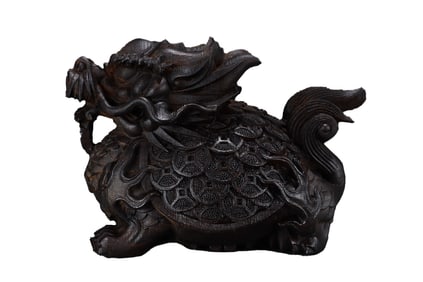 Vintage Chenxiang Wood Carved Dragon Turtle Statue