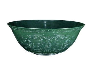 Chinese Green Hetian Jade Low Relief Flower Design Bowl