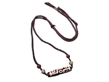 Tibetan Nine Eye DZI Agate Lucky Pendant w Hand Woven Necklace