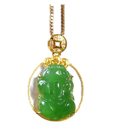 Superb Chinese 18K Gold Inlay Green Hetian Jade Carved Fortune Pixiu Pendant