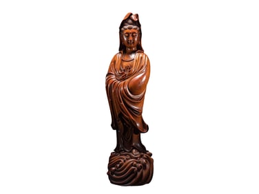 Vintage Chinese Boxwood Wood Carved Kwan-yin Statue