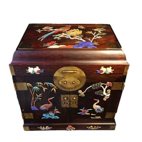 Vintage Chinese Wood Inlay Shoushan Stone & Shell Pine Tree & Crane Jewellery Box