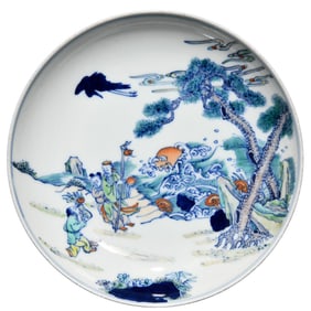 Chinese Blue And White Porcelain + Doucai Pine Tree & Figure Design Porcelain Plate