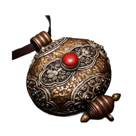 Tibetan Gilt Gold Copper Inlay Gem Gawu Box Pendant