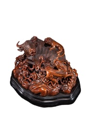 Vintage Chinese Boxwood Wood Carved Fortune Ox Incense Burner