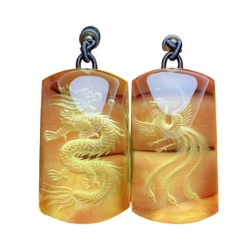 A Pair Beautiful Yellow Crystal Internal Carving Dragon phoenix Pendant
