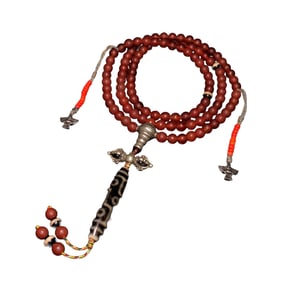 Old Tibetan 9 Eye DZI Agate Lucky Pendant w Hand Woven Necklace