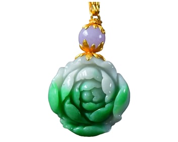 Exquisite Jadeite Carved Flower Pendant w Hand Carved Pearl Beads Necklace