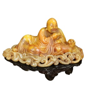 Superb Vintage Chinese Shoushan Stone Carved Arhat Statue w Base
