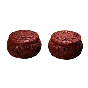 A Pair Chinese Red Lacquerware Low Relief Fortune Kylin Design Weiqi Pot