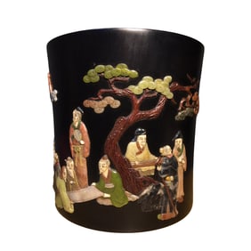 Chinese Zitan Wood Inlay Shoushan Stone Carved Pine Tree & Figure Brush Pot
