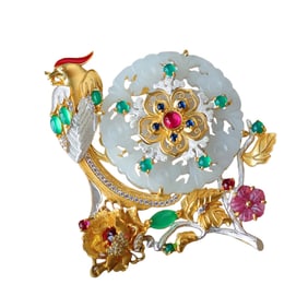 Exquisite Silver Plated Gilt Gold Inlay Hetian Jade & Jadeite & Tourmaline Pendant/Brooch