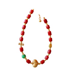 Hand Carved Beautiful Red Coral & Green Jadeite Beads Bracelet