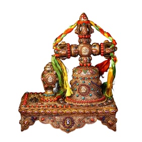 Tibetan Silver Wires Inlay Crystal & Gem & DZI Agate Xiangmo Bell Statue