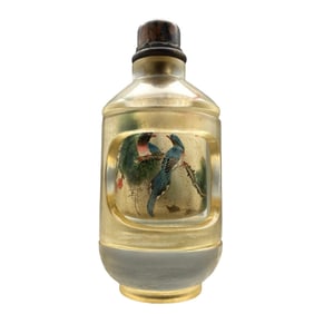 Old Chinese Peking Glass Inside Painting Bird Design Turn Heart Snuff Bottle w Stopper