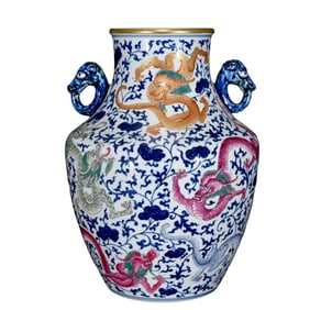 Chinese Qing Dynasty Gilt Edge Blue And White Porcelain + Famille Rose Dragon Design Porcelain Vase