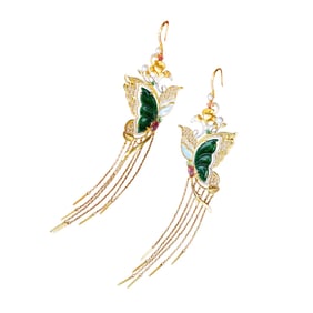 Exquisite Silver Plated Gilt Gold Inlay Green Jadeite Butterfly Earrings