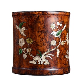 Vintage Chinese Huali Wood Inlay Shell Flowers Bird Design Brush Pot